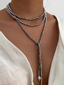 1件波西米亚几何不对称仿珍珠水晶时尚女士长项链，优雅复古日常节日派对百搭珠宝礼物（多种佩戴方式） - 項鍊 - 查看 6