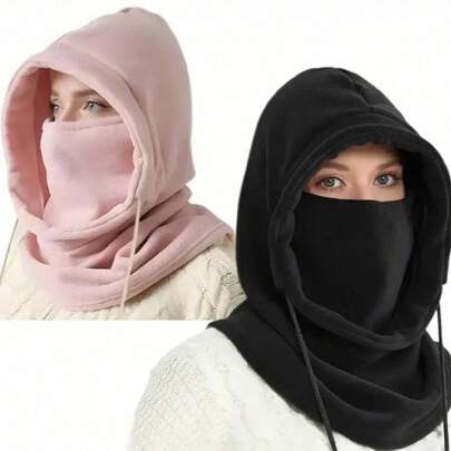 女士黑色羊毛拉法帽，防晒骑行帽冬季抽绳拉法帽防风滑雪面罩纯色骑行颈部保护户外防寒面罩带帽围巾男女通用