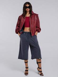 TypaGal Winter Fall Modern Chic New Year Party Retro Elegant Sexy Street Minimalist Red Loose Fit Turn-Down Collar Solid Color Zipper-Up Casual Long Sleeve PU Leather Pocket Jacket In Fall/Winter - Red - View 3