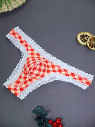 Men's Low-Waist Fashionable Sexy Ice Silk Briefs, Ultra-Thin Breathable, Comfortable Casual, Plaid Print Lace Comfortable Men's Underwear Thong