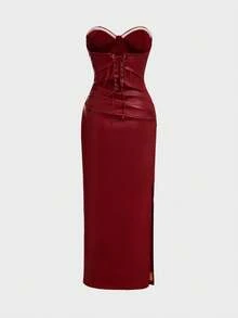 Robe longue élégante et pour jeune femme avec fermeture éclair, volants, dos nu, ceinture - Rouge - Voir 10