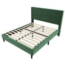 Upholstered Bed 140 X 200 Cm, Bed Frame With Slatted Base And Headboard, Upholstered Double Bed, Dark Green Velvet Textile Cover, Modern And Timeless Design, Youth Bed - Green - View 3