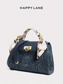 HAPPY LANE Fashionable Brown Patchwork Minimalist Style Handbag, Retro Vacation Vibe Shoulder Bag, Comes With Ribbon Accessory, Suitable For Business, Casual, Shopping, School, Front Twist Lock Handbag, Detachable Shoulder Strap, Crossbody Bag, Lightweight & Durable, Vintage Charm, Elegant & Unique Style For Women, Versatile For Any Occasion - 藏蓝色 - 查看 3