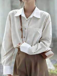 Women's Elegant Long Sleeve Striped Shirt, Shirt Collar, Button Front, Pocket Detail, Semi-Sheer Regular Fit Polyester Top, Daily Fashion Choice - White - View 5