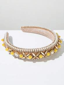 1件装女士韩版丝绒海绵发箍，复古魅力闪亮玻璃水钻仿珍珠装饰奢华百搭优雅头饰发箍发饰 - FG910-咖色 - 查看 2