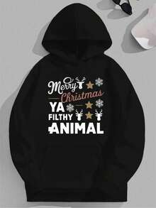 Plus Size Casual Merry Christmas Ya Filthy Animal Men's Hoodie - Polyester, Loose Fit,  Pocket, Machine Washable,Fall Hoodies,Men's Fall Clothes,Street Wear,Halloween,Mens Hoodies,Y2k Clothes,Jesus Hoodie,Thanksgiving Day,Nightmare Before Christmas,Christmas - Black - View 1