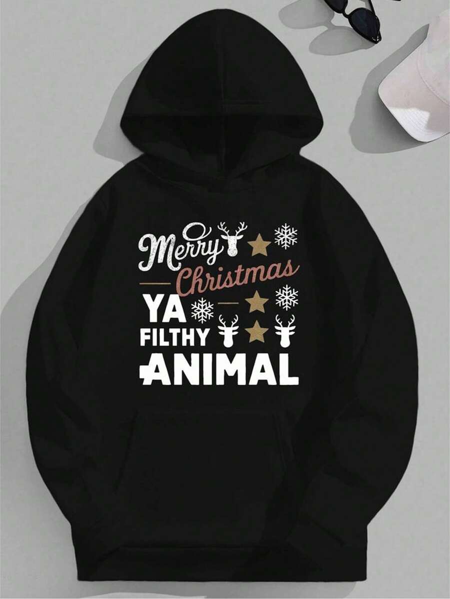 Plus Size Casual Merry Christmas Ya Filthy Animal Men's Hoodie - Polyester, Loose Fit,  Pocket, Machine Washable,Fall Hoodies,Men's Fall Clothes,Street Wear,Halloween,Mens Hoodies,Y2k Clothes,Jesus Hoodie,Thanksgiving Day,Nightmare Before Christmas,Christmas - Black - View 1