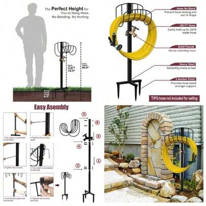 Freestanding Garden Hose Holder  With Brass Faucet, Heavy Duty Metal Pipe Storage Stand Rack Outdoor