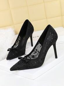 Women's Pointed Toe Lace Mesh Sequin Bow High Heel Pumps, European And American Style Party Dress Shoes,Stiletto Heels - Black - View 3
