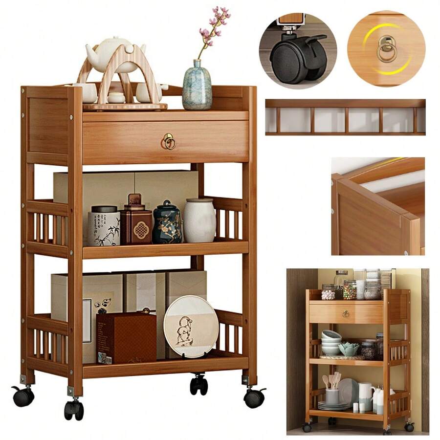 Soporte Para Microondas De 3 Niveles, Carritos Utilitarios Rodantes Con Cajón, Mesa Auxiliar De Madera Con Ruedas, Barra De Servicio Rodante De Tres Capas, Retro Organizador De Estante Para Panaderos, Mesa Auxiliar Moderna Para Restaurante, Hotel, Dormitorios - Caqui - Ver 1