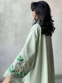 一件式时尚简约均码女式纯色中东服饰长裙时尚优雅开衫花卉袖口刺绣连衣裙长袍适合日常节日穿着 - 綠色 - 查看 4