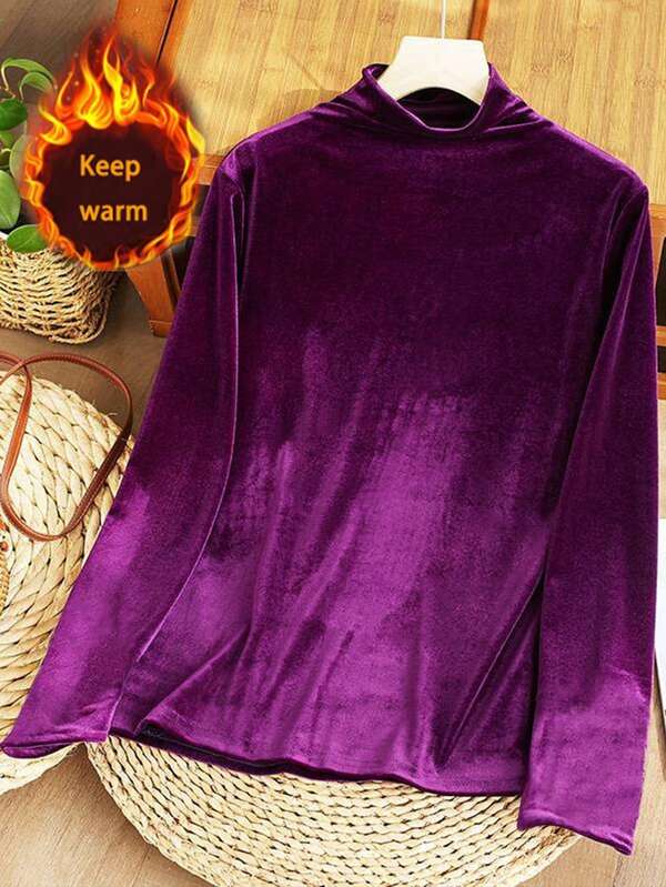 1pc Women Plus Size Elegant Versatile High Neck Solid Color Velvet Long Sleeve T-Shirt, Autumn/Winter Undershirt