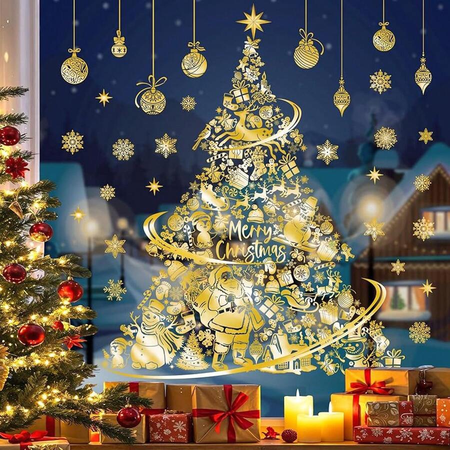 decalmile Fensterbilder Weihnachten Fensteraufkleber Gold Weihnachtsbaum Fenster Abziehbilder Weihnachts Schneeflocken Anti-Kollision Fenstersticker Glas Fensterdeko Aufkleber