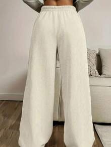 Women's Wide Leg Pants, Textured Fabric, High Waist, Simple With Pocket And Drawstring For Home And Daily Life - 奶油色 - 查看 2
