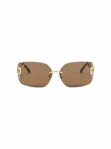 1pc Curved One-Piece Rimless Edged Women's Fashion Glasses, Y2K Retro High-End Glasses - Gold Frame Tea Leaves - View 3