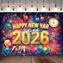 2D平面横幅，1条2026新年横幅 - 金色新年快乐，配以烟花、香槟、气球 - 海军蓝派对装饰 - 无需电源 - 耐用涤纶材质，室内/室外皆宜，适合新年、新年派对装饰 - 1pcs - 查看 2