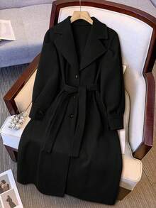 Solid Color Knotted Waist Pocket Casual Overcoat - Black - View 1