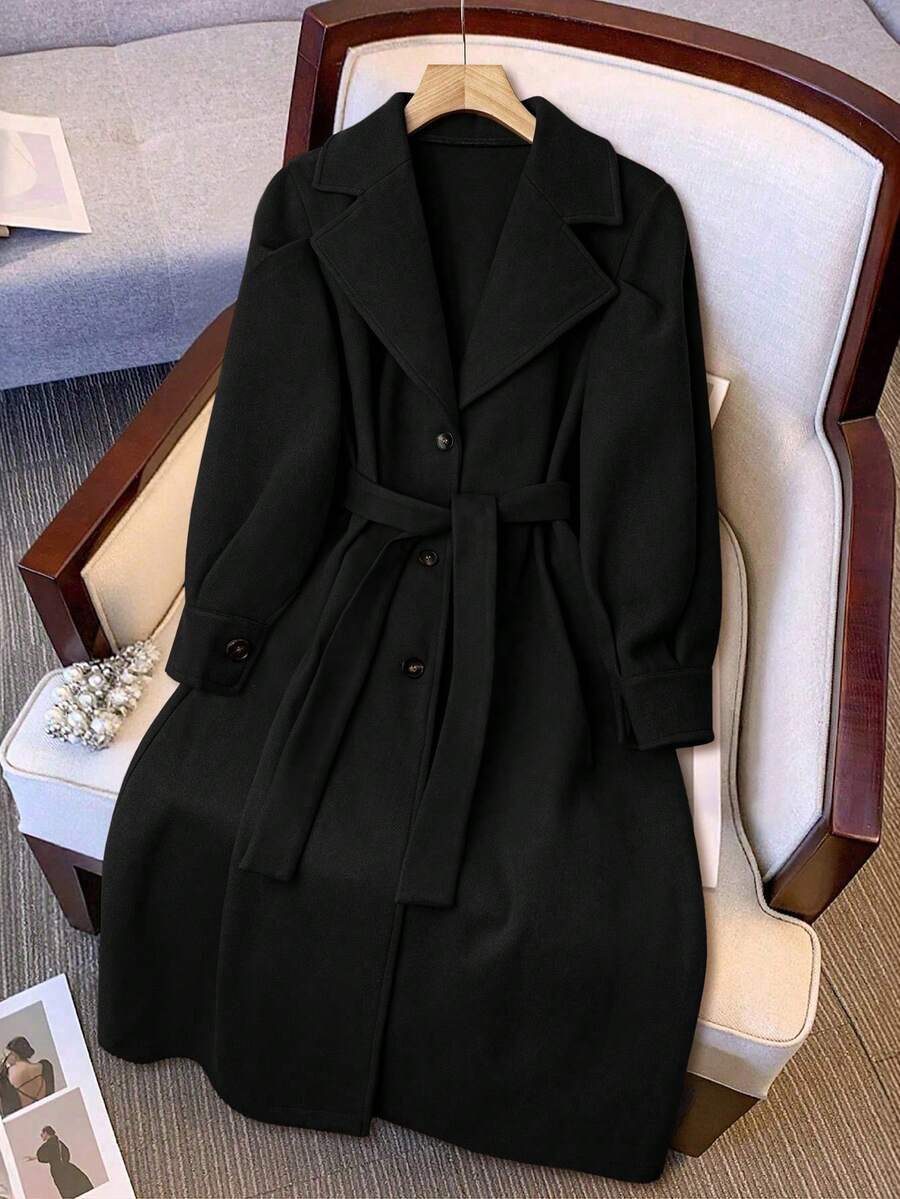 Solid Color Knotted Waist Pocket Casual Overcoat - Black - View 1
