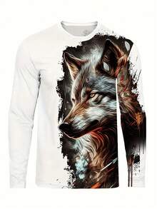 舒适鲜艳狼纹全印花圆领短袖衬衫 - 男士时尚图案印花，适合日常休闲户外活动和居家活动 - 彩色 - 查看 3