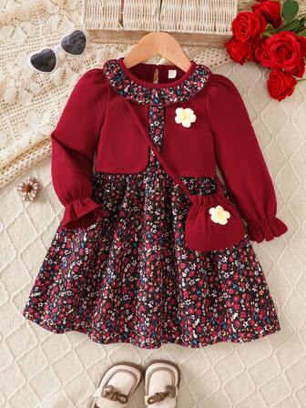 Young Girl Floral Print Ruffle Hem 2 In 1 Long Sleeve Knit Dress With Belted Waist, Autumn/Winter