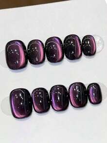 10pcs Handmade Press On Nails Short Oval Nails Purple Nails Y2k Simple Gentle Style Eye Solid Color Fine Shimmer Women And Girls Fall Winter Festivals Party Daily Life Use - 深綠色 - 查看 11