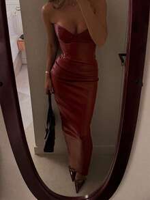 Robe longue élégante et pour jeune femme avec fermeture éclair, volants, dos nu, ceinture - Rouge - Voir 4