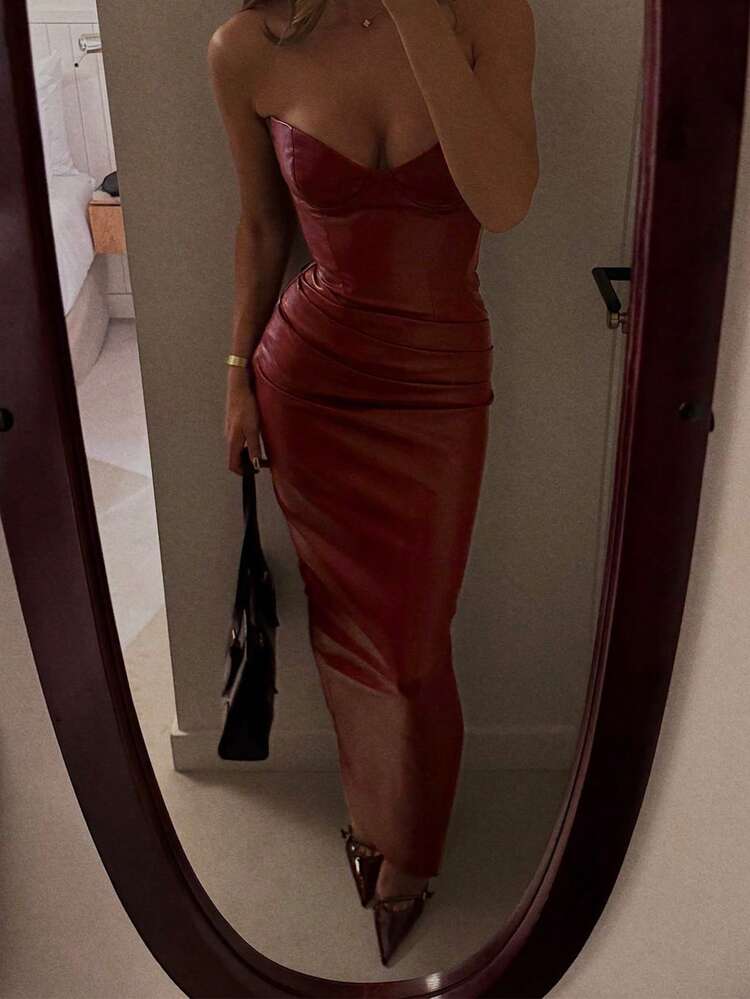 Elegant Fashion Young Lady Party Zipper Ruffle Backless Bustier Long Leather Belted Dress - Red - View 3