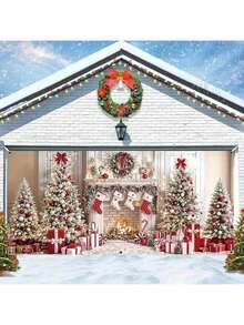 1pc Christmas Garage Door Banner, 71" X 157", Featuring Fireplace And Tree Patterns, Multi-Purpose Polyester Holiday Decor, No Power Or Battery Required - Multicolor - View 6