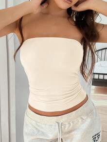 Áo hai dây không đường may, màu trơn, ôm sát, co giãn, kiểu dáng thời trang dành cho nữ của Vaiaye, thích hợp mặc thường ngày vào mùa xuân và hè. - Màu be - Xem 2