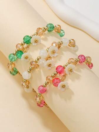 3 件/套裂纹玻璃珠、花朵吊坠弹性手链，适合家人、朋友、日常佩戴、礼物