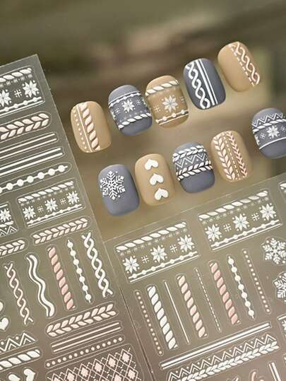 1 Sheet Cozy Knitted & Snowflake Nail Art Stickers - Winter Holiday 3D Decals For Festive Manicures