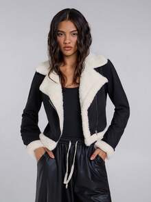 TypaGal Winter Fall Modern Chic New Year Party Retro Elegant Sexy Street Minimalist Teddy Lined Open Front Suedette Moto Black Jacket In Fall/Winter