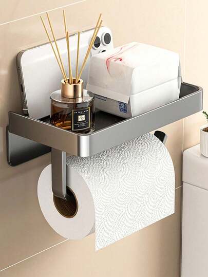 Adhesive Tissue Holder Wall Mounted Suitable For Kitchen, Bathroom, Bathroom Tissue Roll Hanger With Storage Rack, Self-Adhesive Tape Adhesive, Toilet Paper Holder Wall Mounted, Matte Black