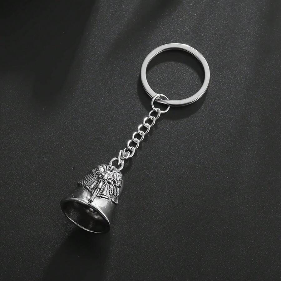 Men's Heavy-Duty Zinc Alloy Guardian Angel Wing Bell Keychain – Vintage Motorcycle Accessory With Bell, Durable Metal Key Ring, Celtic Knot Pendant, Perfect Riding Gift, Stylish Motorcycle Keychain - 銀色 - 查看 1