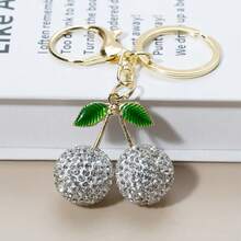 1pc Cute Rhinestone Studded Cherry Keychain, Metal Key Chain Ring Cartoon Gift - Multicolor - View 7