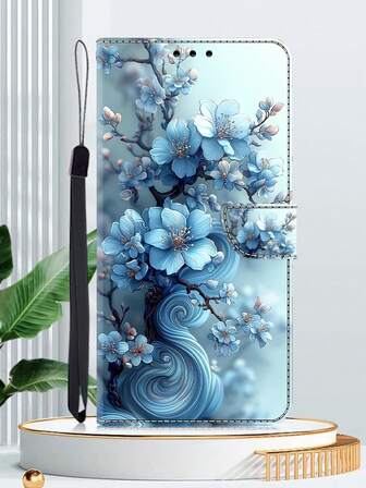 GLANDOTU Suitable For Galaxy, Apple Redmi, And Devices PU Leather Wallet-Style Phone Case Features Embossed Light Blue Floral And Vine Pattern Magnetic Closure Design Includes Stand Function Built-In Card Slots