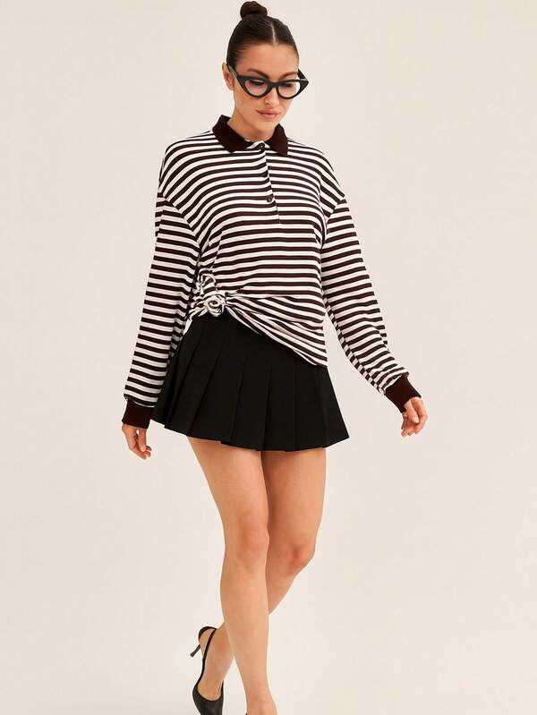 Damen Lässig gestreiftes Polokragen Langarmhemd, Damen Lässig Kontrast-Farbiges gestreiftes Langarm T-Shirt, Rückkehr zur Schule Saison, Herbst/Winter Damenmode, Kaffeebraun Kontrast Top, Lässig Top, Ausgehoberteil, Damen Herbst Outfit, Herbststil 2025