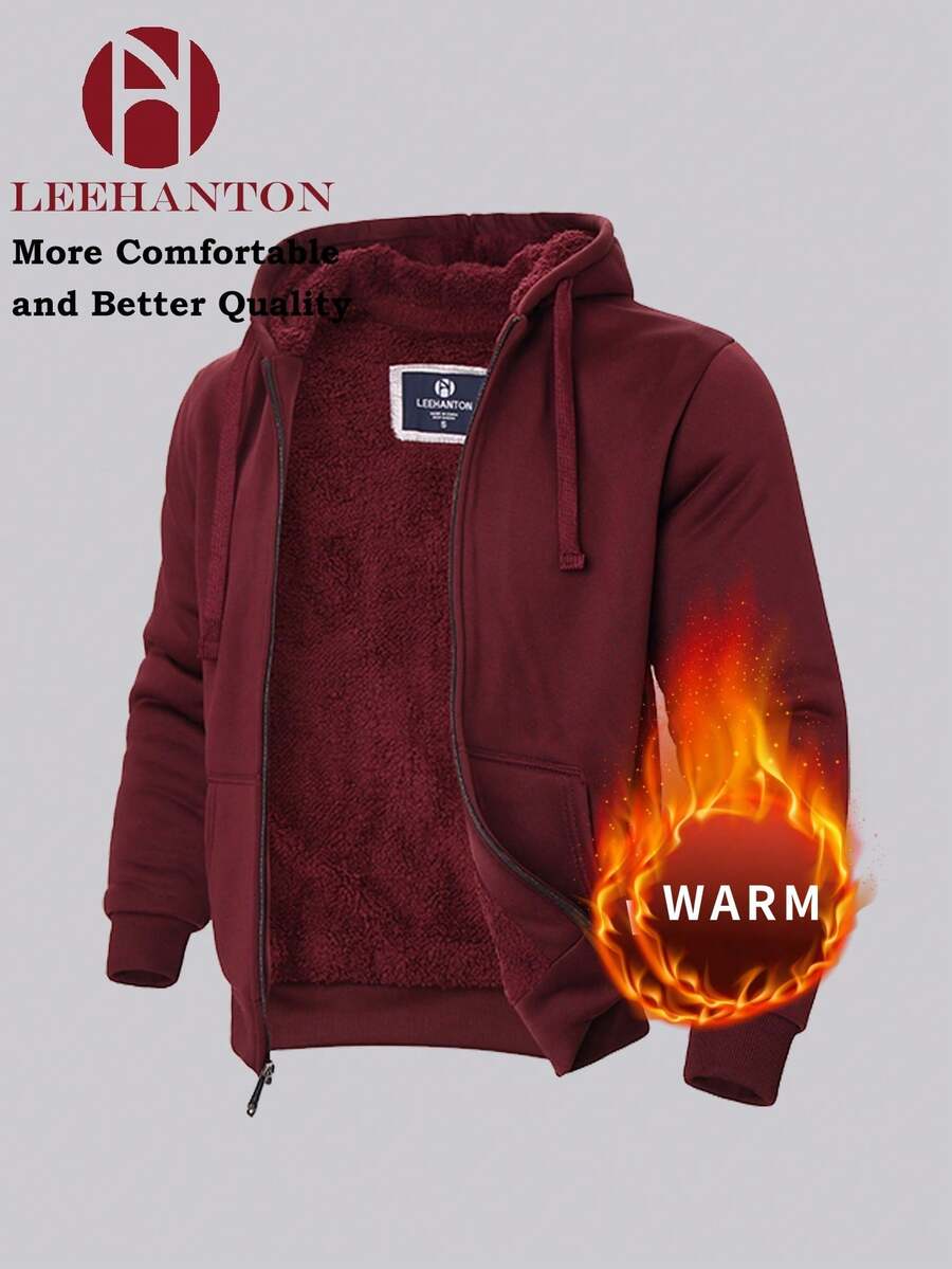 Men's Autumn And Winter Tops, Men's Fleece Jackets, Simple And Pure Color, Thickened Fleece, Warm In Winter, Windproof When Going Out - 酒紅色 - 查看 1