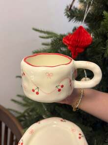 1pc/1set, Handpainted Cherry Ceramic Coffee Cup & Saucer, High-Quality Bowknot Cup & Saucer, French Asymmetrical Red Rimmed Coffee Cup, American Espresso Latte Cup, Dessert Plate, Fruit Plate, Office Mug, Home Water Cup, Breakfast Cup, Gift For Girls - Multicolor - View 4