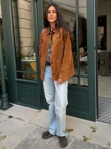 女式绒面革长袖单排扣休闲夹克 - 棕色 - 查看 6