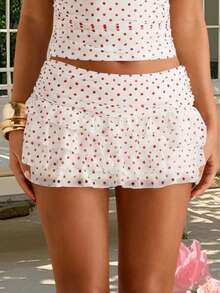 Women's Summer Mini Skirt Casual Stylish Dot Print Layered Ruffled Mid Rise Short Skirt - Pink - View 3