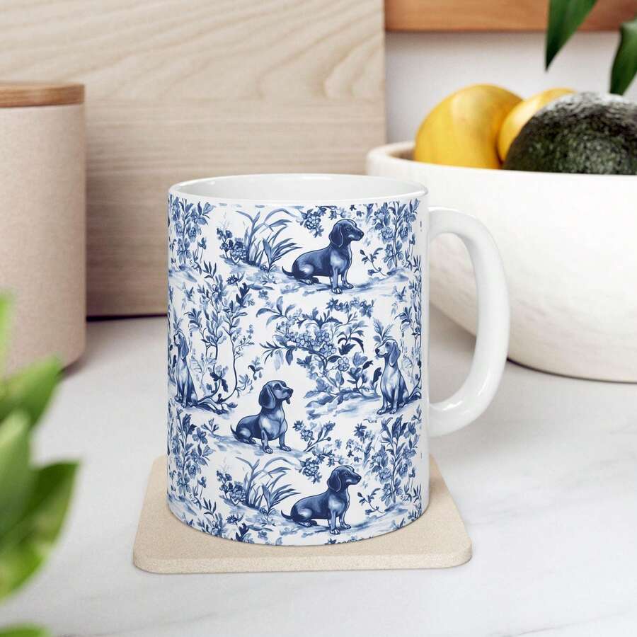 Dachshund French Toile De Jouy Mug - Blue Toile Coffee Cup For Doxie Mom, Sausage Dog Lover Gifts, Dog Tea Drinkware Gift Box Christmas Mugs Navidad Decoracion 2025 Christmas Gifts - White - View 1