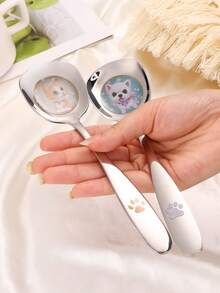 1pc Stainless Steel Flat Head Large Soup Spoon With Cute Cat & Dog Pattern, Household Dining Spoon