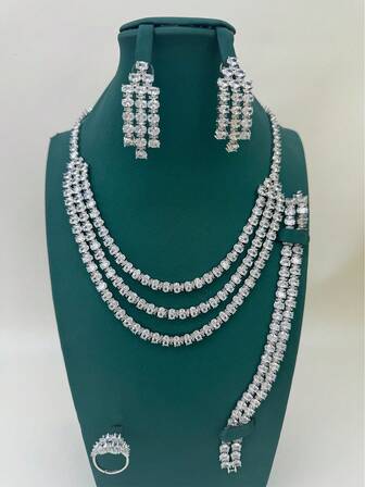 5 件套奢华珠宝套装，包括金色水滴形方晶锆石项链、耳环、戒指、手链，适合派对、婚礼、约会、日常佩戴