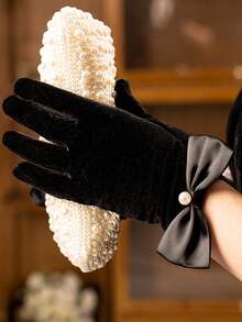 带山茶花图案的黑色天鹅绒手套，适合女士茶会服装/婚宴礼服、万圣节服装手套、圣诞节手套、特殊场合 1920 年代服装晚间歌剧手套 - 黑色 - 查看 4