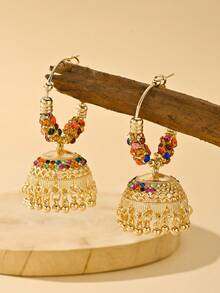 时尚优雅的仿珍珠耳环，搭配彩色水晶流苏吊坠，宝莱坞风格珠宝，适合女性日常佩戴、节日、婚礼、派对等场合，也可作为珠宝礼物。