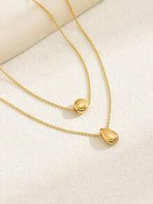 1pc Women's Simple Double-Layer Gold-Color Beaded & Teardrop Pendant Necklace,Stainless Steel Material,With Long-Lasting Color Retention,Suitable For Summer, Party, Dating Events, Gift - Vòng cổ hai lớp - Xem 4