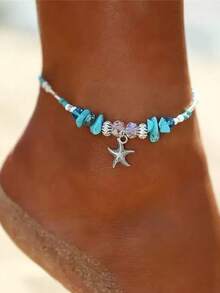 1pc Vintage Minimalist Women Anklet With Geometric Turquoise Starfish Charm, Versatile Beach/Daily Accessory - Turquoise Starfish Anklet - View 12