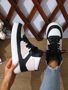 BAOLIANGXIONG Color Block Casual Student Sneakers, Sport Shoes Women's Casual Sports Shoes, Fashionable Sneakers With Thick Soles, Low-Cut Lace-Up White Black Pink Shoes, Outdoor Shoes - 白黑粉紅色高幫 - 查看 1