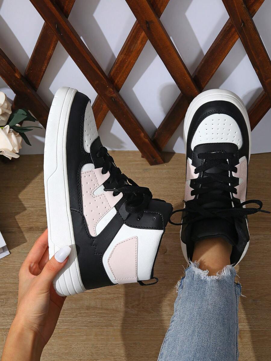 BAOLIANGXIONG Color Block Casual Student Sneakers, Sport Shoes Women's Casual Sports Shoes, Fashionable Sneakers With Thick Soles, Low-Cut Lace-Up White Black Pink Shoes, Outdoor Shoes - 白黑粉紅色高幫 - 查看 1